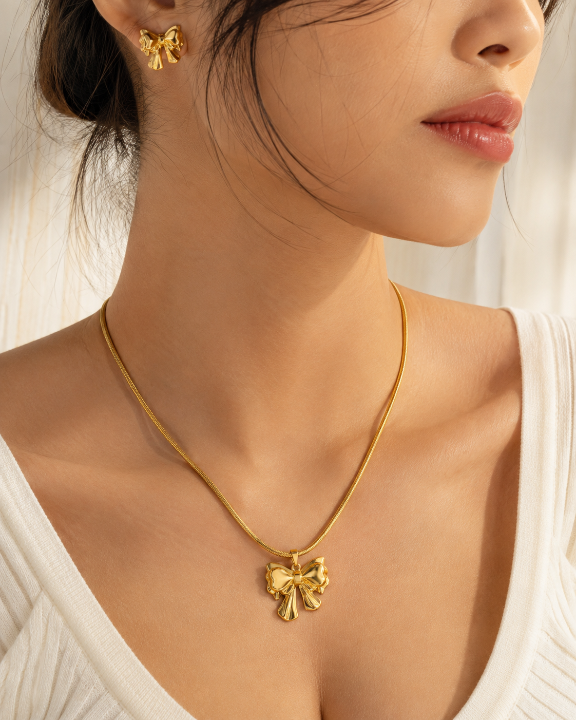 Bow Necklace & Earrings Set – 18K Gold Plated Stainless Steel
