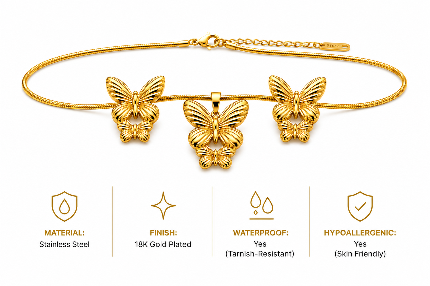 18K Gold Plated Butterfly Necklace & Earring Set | Le Paris Jewels