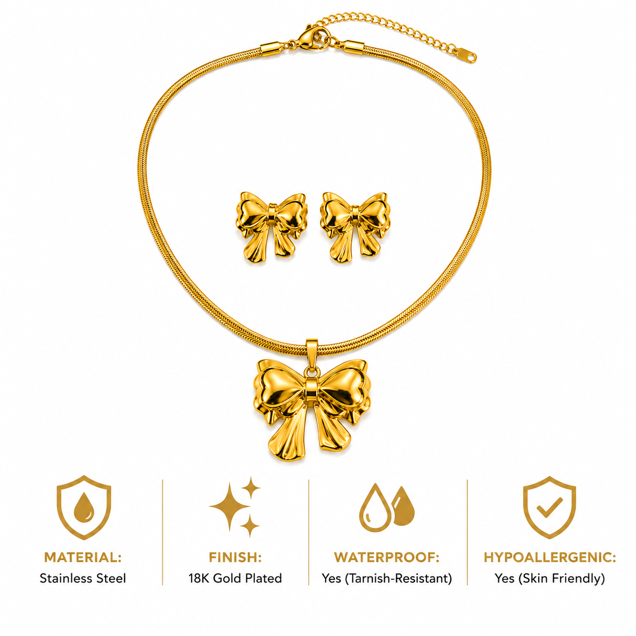 Bow Necklace & Earrings Set – 18K Gold Plated Stainless Steel