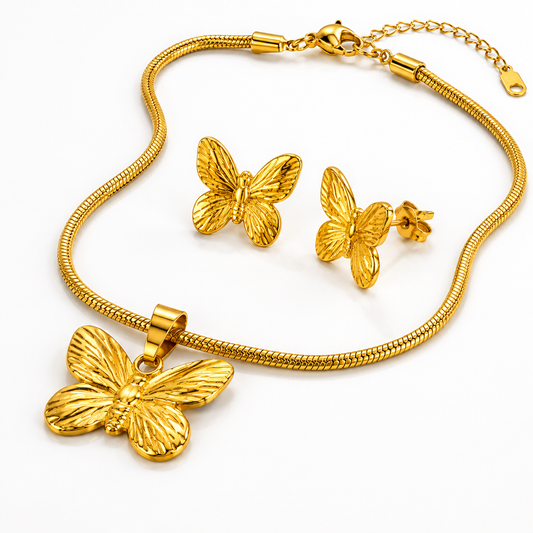 Butterfly Necklace & Earrings Set – 18K Gold Plated Stainless Steel