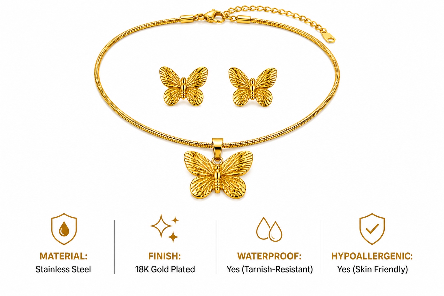 Butterfly Necklace & Earrings Set – 18K Gold Plated Stainless Steel