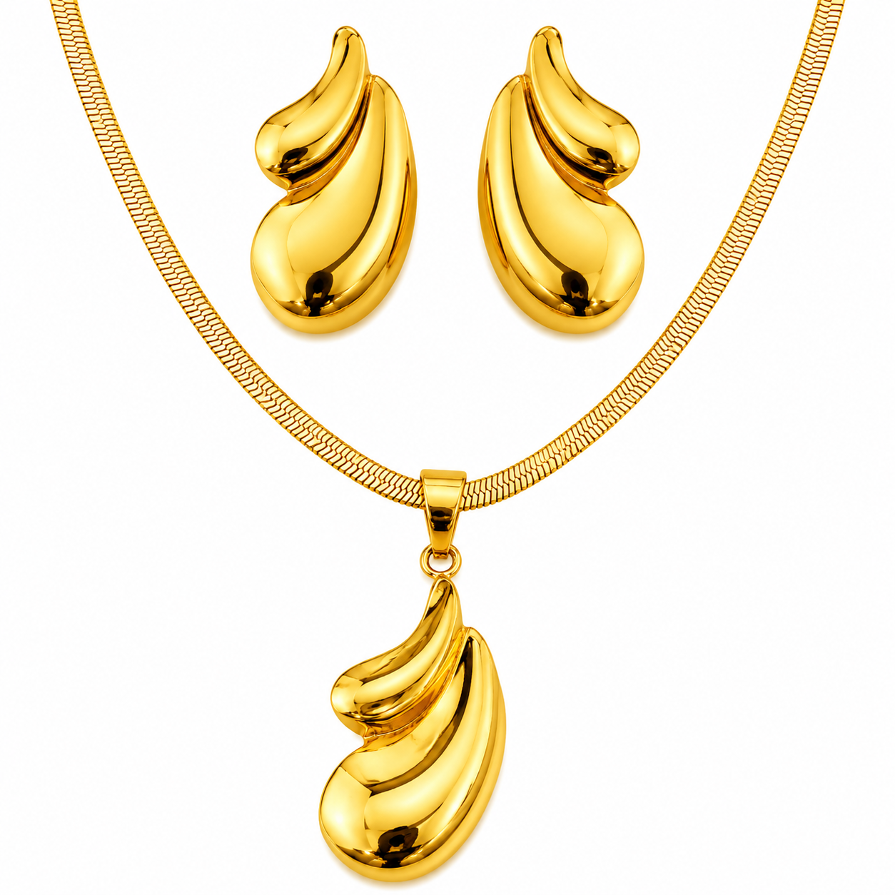 Sculpted Teardrop Necklace & Earrings Set – 18K Gold Plated Stainless Steel