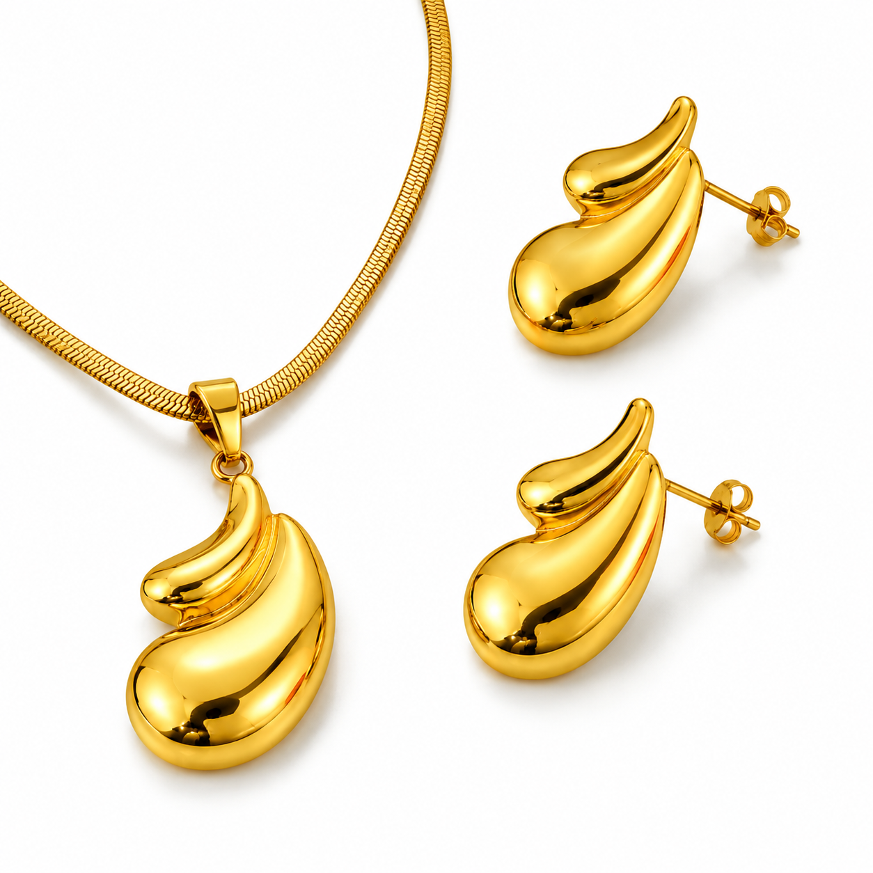 Sculpted Teardrop Necklace & Earrings Set – 18K Gold Plated Stainless Steel