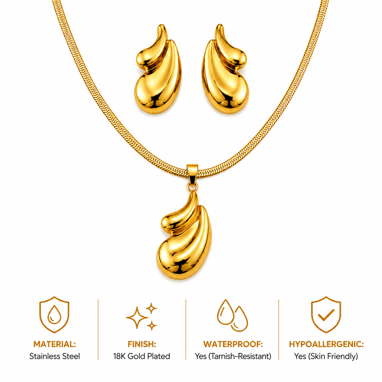 Sculpted Teardrop Necklace & Earrings Set – 18K Gold Plated Stainless Steel