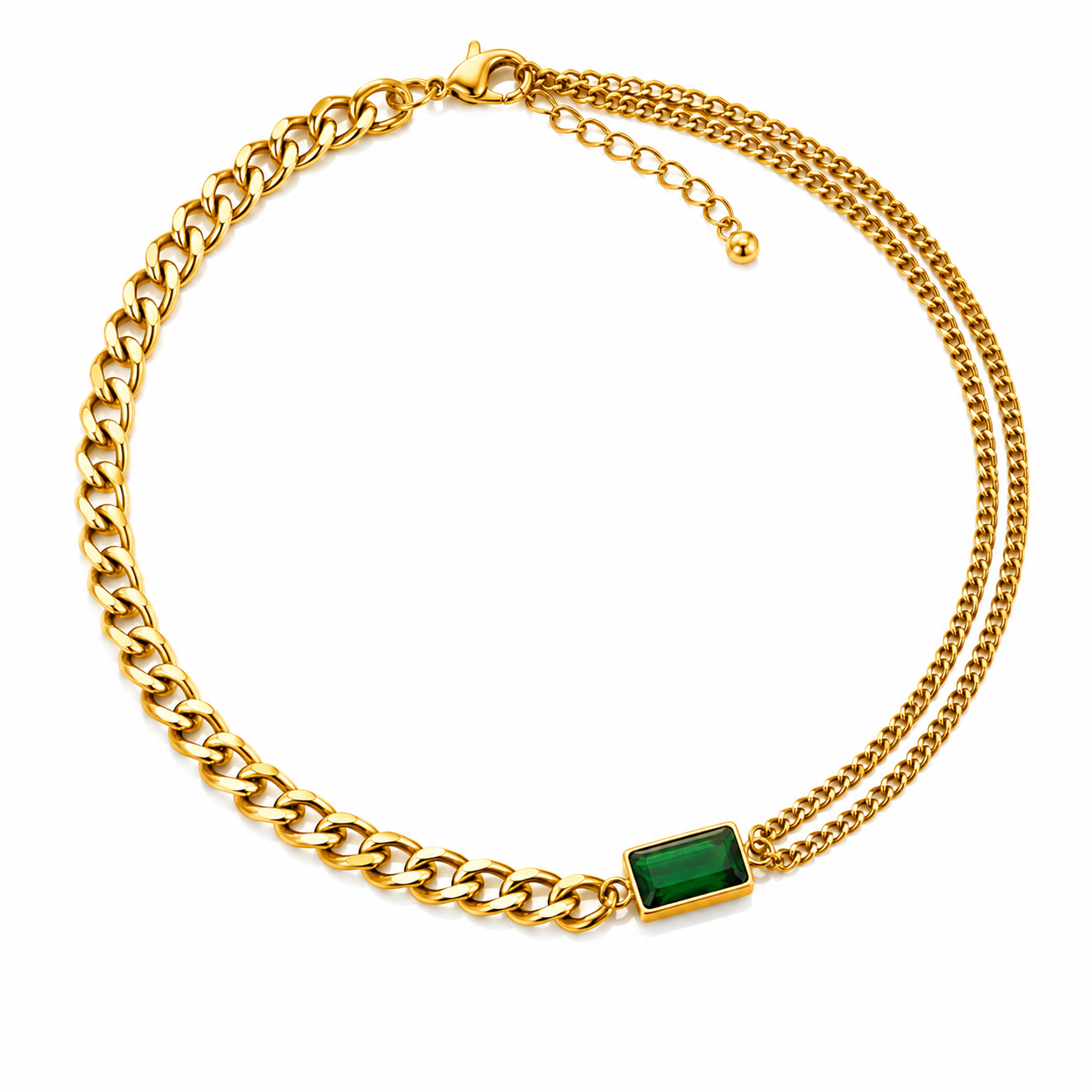 Green Stone Dual Chain Statement Necklace – 18K Gold Plated Stainless Steel