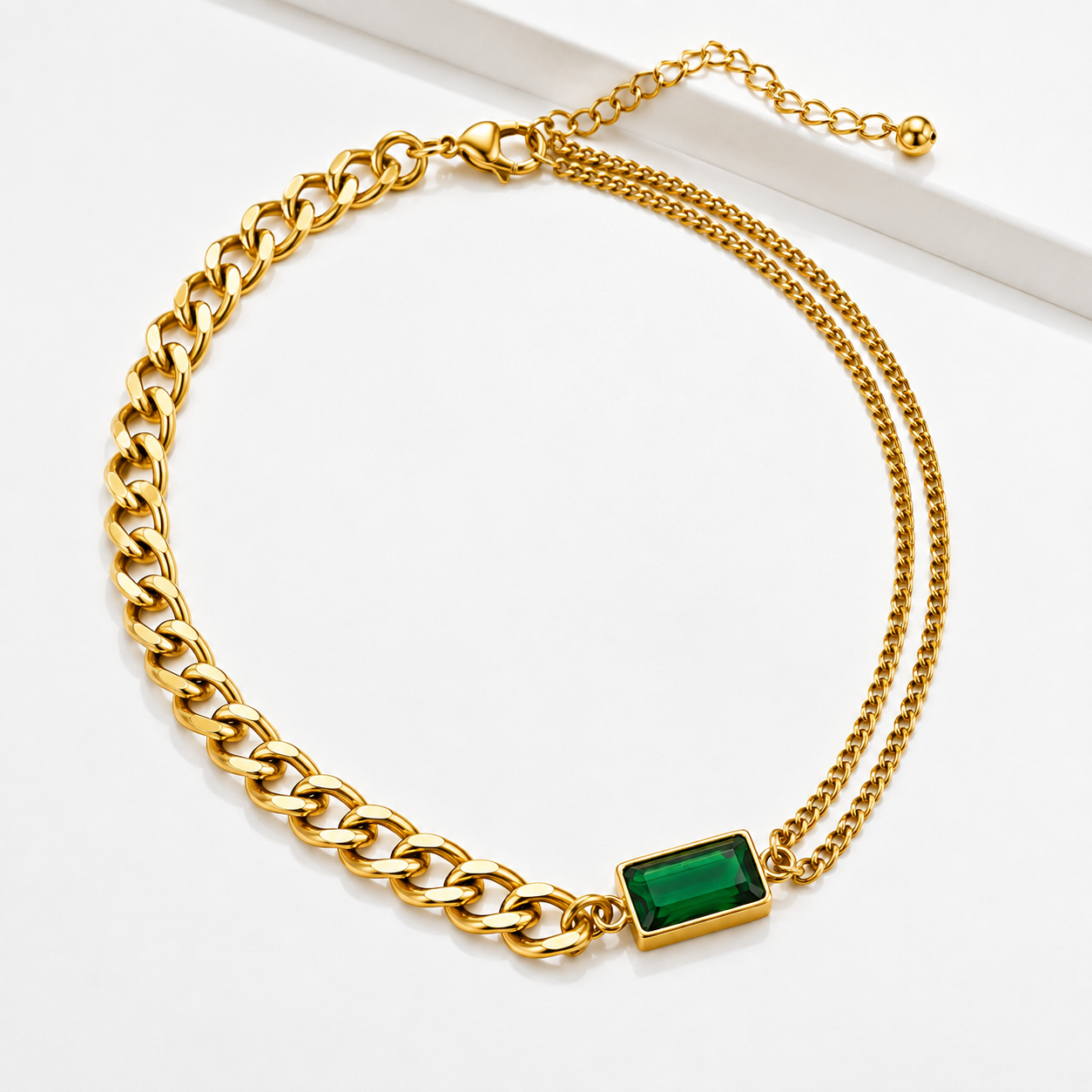 Green Stone Dual Chain Statement Necklace – 18K Gold Plated Stainless Steel