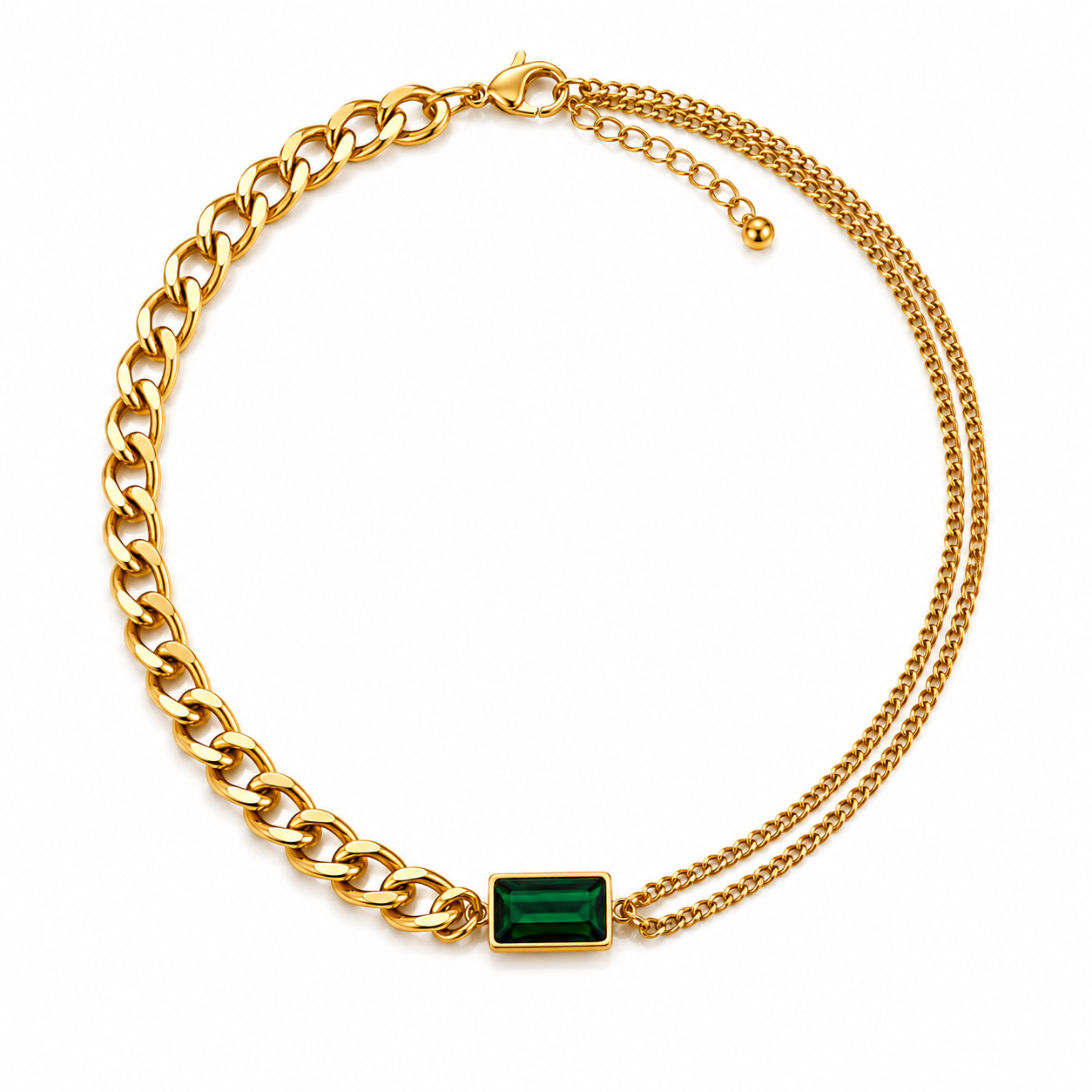 Green Stone Dual Chain Statement Necklace – 18K Gold Plated Stainless Steel