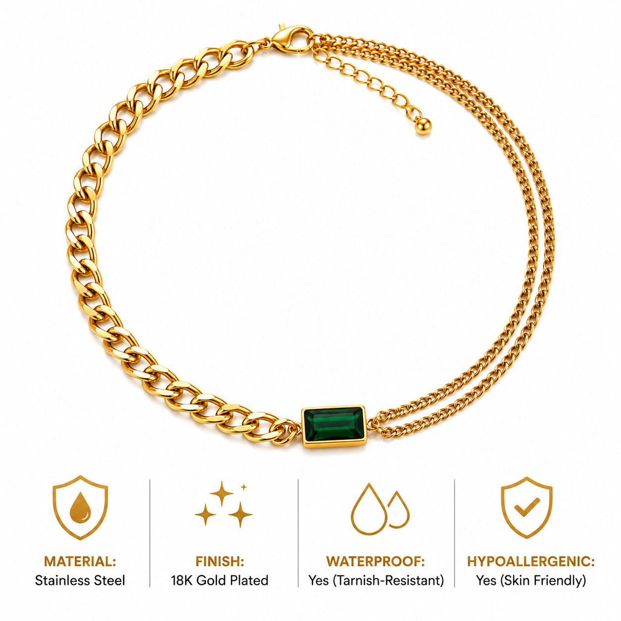 Green Stone Dual Chain Statement Necklace – 18K Gold Plated Stainless Steel