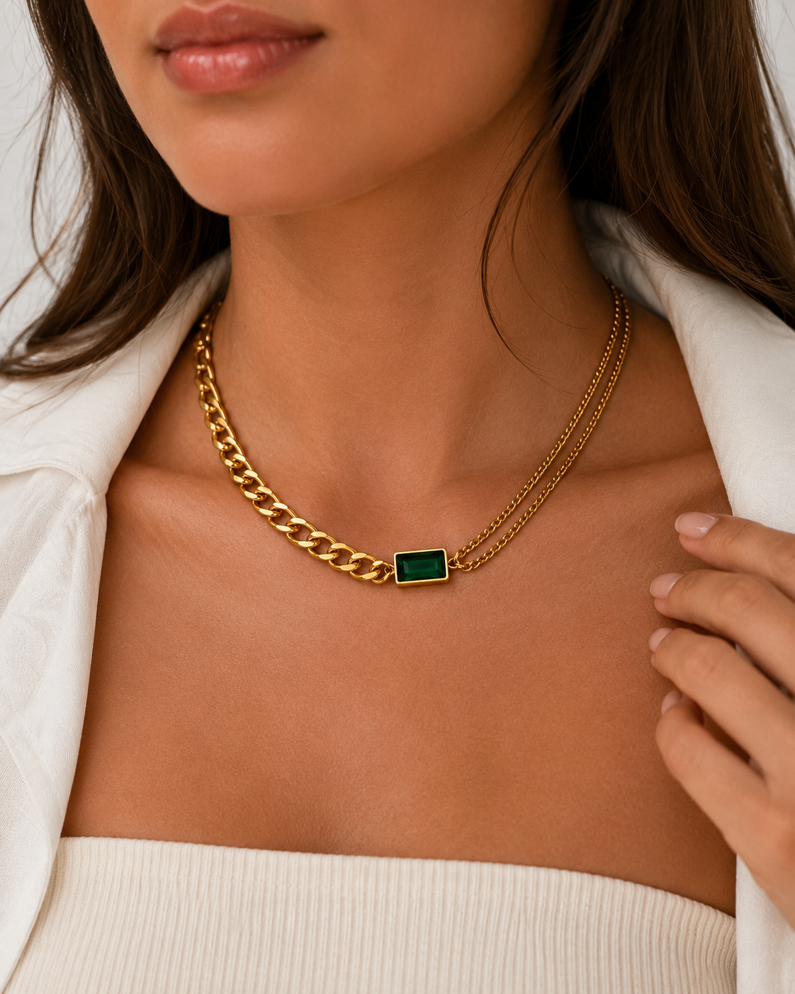 Green Stone Dual Chain Statement Necklace – 18K Gold Plated Stainless Steel
