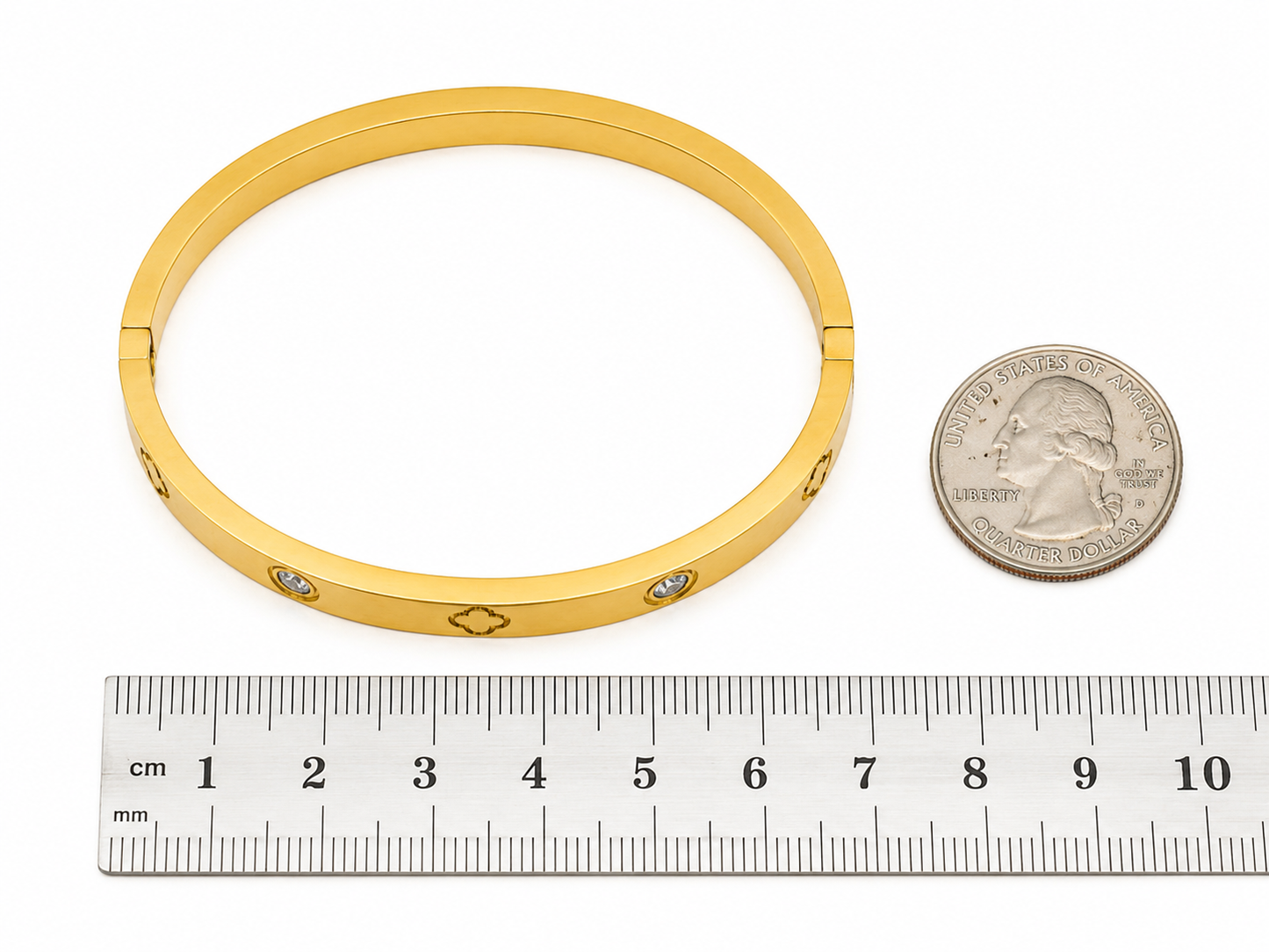 Engraved Open Bangle with Six Stones – Gold