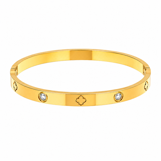 Engraved Open Bangle with Six Stones – Gold